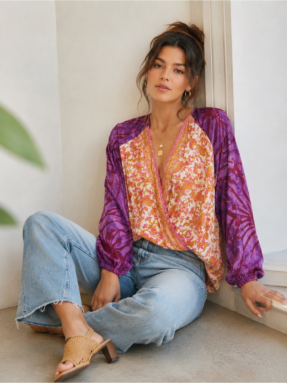 Free People Cruisin Together Boho Mixed Floral V-Neck Wrap Blouse Top XS